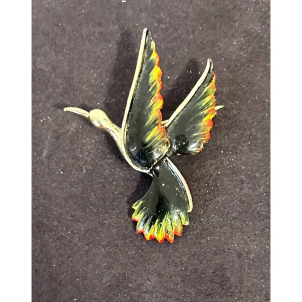 Vtg Signed Gerry's Enamel Hummingbird Brooch Pin Black Red Yellow Bird In Flight
